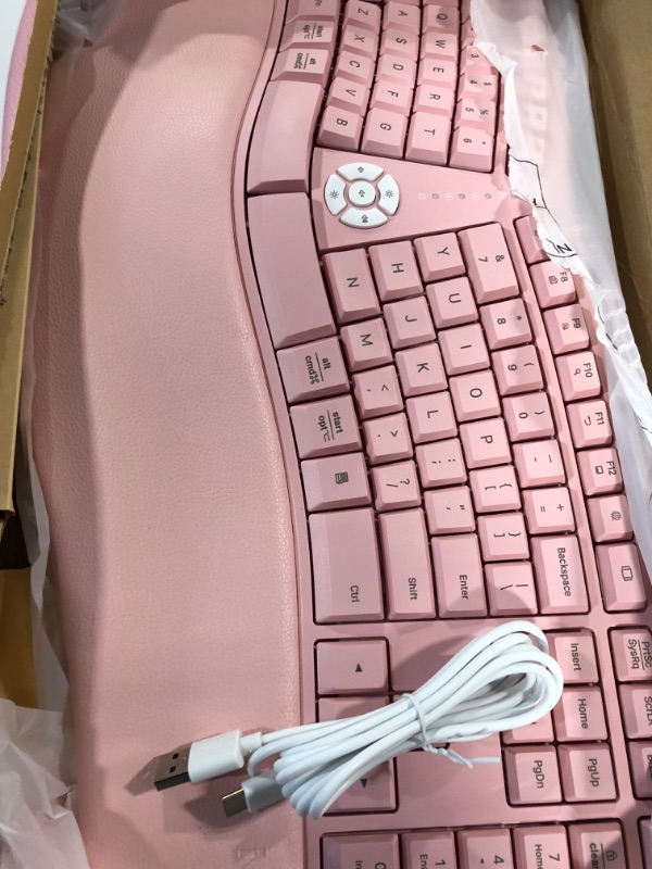 Photo 2 of MEETION Ergonomic Wireless Keyboard and Mouse, Ergo Keyboard with Vertical Mouse, Split Keyboard with Cushioned Wrist Palm Rest Natural Typing Rechargeable Full Size, Windows/Mac/Computer/Laptop, Pink Large Pink