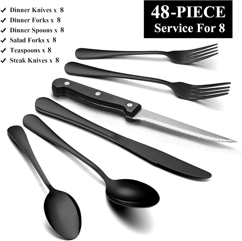 Photo 1 of 48-Piece Black Flatware Set with Steak Knives, Stainless Steel Silverware Cutlery Set Service for 8, Tableware Eating Utensils Include Knives/Forks/Spoons, Mirror Polished, Dishwasher Safe