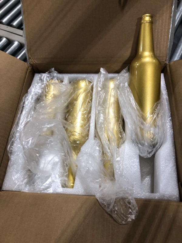 Photo 1 of Dandat 12 Pcs 17 oz Wine Bottles Wedding Vases for Centerpiece Empty Glass Containers Vintage Bottles Reusable Storage Vase for Flowers Wedding Reception Party Favor Baby Shower DIY Crafts(Gold)