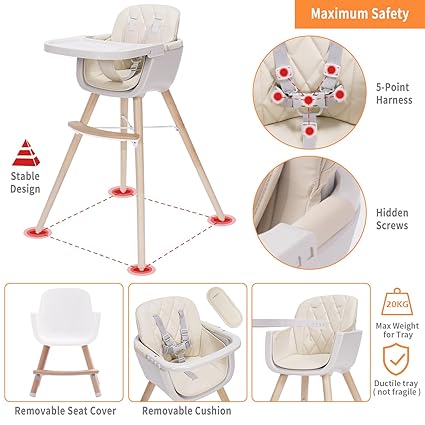 Photo 1 of 3-in-1 Convertible Wooden High Chair,Baby High Chair with Adjustable Legs & Dishwasher Safe Tray, Made of Sleek Hardwood & Premium Leatherette, Cream Color