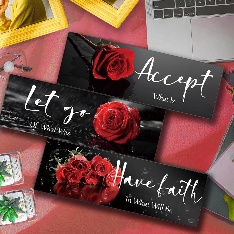 Photo 1 of 3 Pcs Red Decor Flower Inspirational Wooden Wall Art Red Roses Decor Office Wall Decor with Accept Let Go Have Faith Positive Quotes for Girl Women Bathroom Living Room Bedroom(Red Rose 16 x 5 Inch)