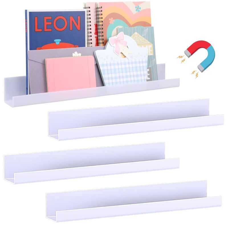 Photo 1 of 4 Pack Magnetic Bookshelf for Whiteboard Acrylic Strongly Magnetic Book Shelf Tool Tray for Refrigerator Classroom Organization Holds(White, 7 lbs, 17 Inch)