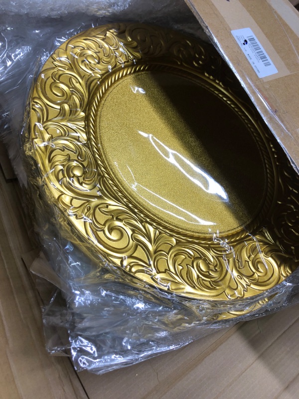 Photo 3 of Zheha 25 Pcs Antique Gold Charger Plates Bulk 13 Inch Embossed Rim Plastic Charger Plate Decorative Round Plate Chargers for Dinner Wedding Party Event Table Setting Decoration
