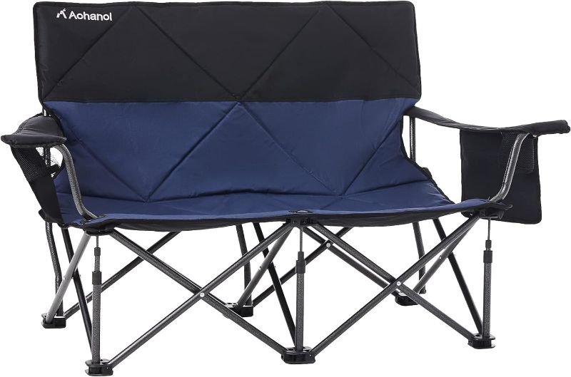 Photo 1 of Aohanoi Camping Chairs, Camping Chairs for Heavy People, Loveseat Outdoor Double Oversized Camping Chairs with Extra Wide Seats for Adults, Lawn Chairs Folding Supports up to 500 LBS x2, Navy Blue

