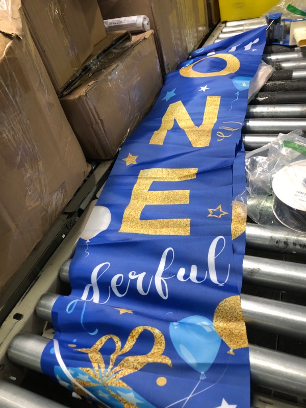 Photo 3 of 2 Pieces 1st Birthday Party Decorations Mr. Onederful Birthday Banner 1st Birthday Porch Sign Hanging Door Banner Welcome Porch Sign for Boy 1 Year Birthday Supplies Blue and Gold, 71 x 12 Inches