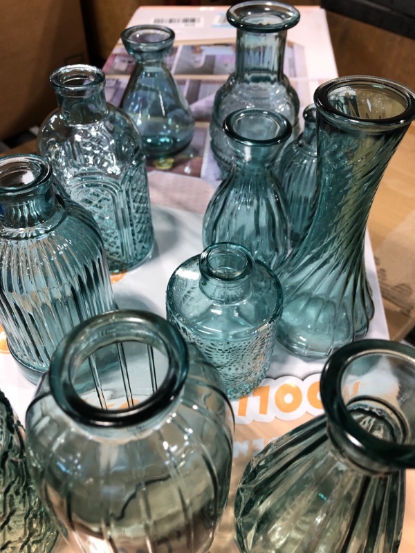 Photo 3 of 28 Pcs Glass Bud Vase Set Small Vases for Flowers Vintage Flower Vase in Bulk Cute Glass Vases for Centerpieces Rustic Decorative Glass Vase for Wedding Table Home Christmas Decoration (Light Blue)