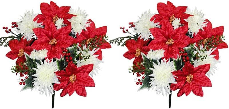 Photo 1 of Admired by Nature 2pcs 14 Stems Artificial Poinsettia Bouquet Fake Christmas Flowers, Faux Velvet Poinsettia Carnation for Christmas Home Decor, Holiday Bush, Indoor Floral, Cemetery Flowers, WHT/RD
