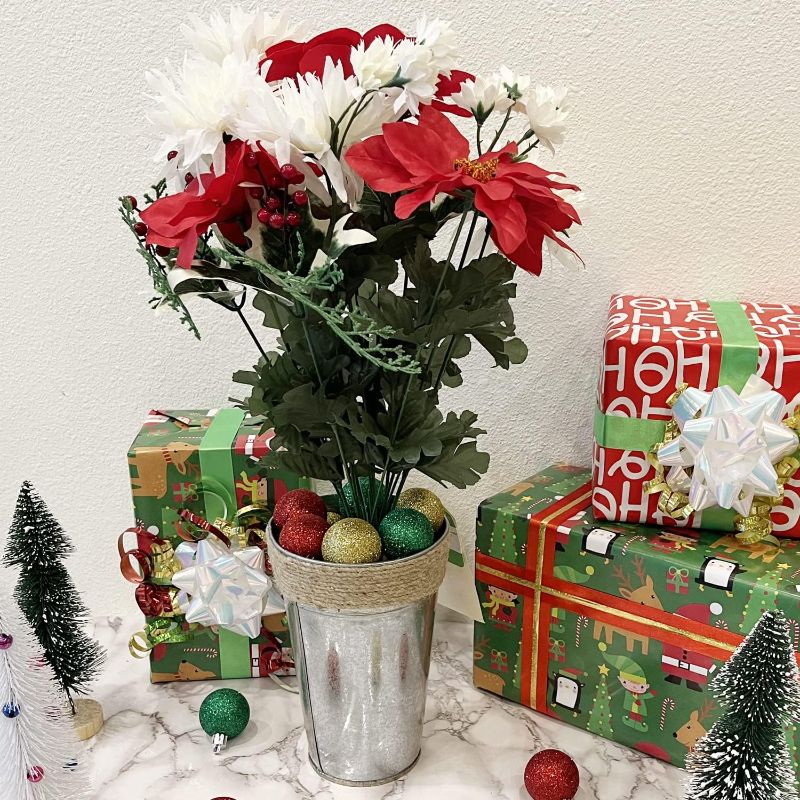 Photo 1 of Admired by Nature 3pcs 14 Stems Artificial Poinsettia Bouquet Fake Christmas Flowers, Faux Velvet Poinsettia Carnation for Christmas Home Decor, Holiday Bush, Indoor Floral, Cemetery Flowers, WHT/RD Mum Red Poinsettias