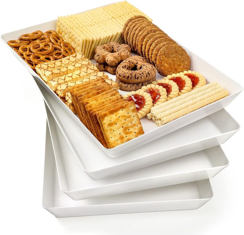 Photo 1 of 4 Pack, 16" x 11" Large White Serving Trays Set - Reusable Plastic Serving Platters for Cookie, Appetizer, Charcuterie, Snack, Dessert, Party Food Display - Stackable Kitchen CounterTop Tray, BPA Free
