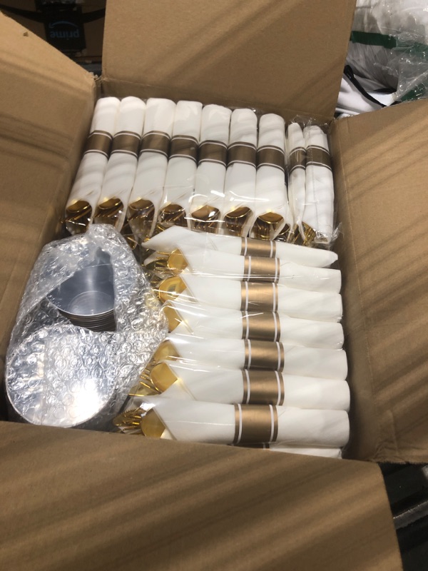 Photo 3 of 350 Piece Gold Plastic Dinnerware Set for 50 Guests, Fancy Disposable Plates for Party, Include: 50 Gold Rim Dinner Plates, 50 Dessert Plates, 50 Pre Rolled Napkins with Gold Silverware, 50 Cups Gold 350 Piece (50 guests)