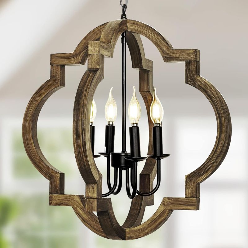 Photo 1 of 21.7" Farmhouse orb Chandelier, 4-Light Adjustable Height Handmade Rustic Wood Light Fixture for Foyer, Dining&Living Room, Kitchen Island, Entryway, Breakfast Area(Colour: Black)