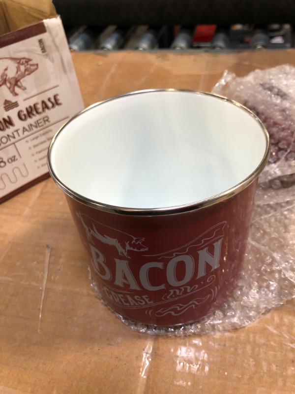 Photo 3 of 38OZ (1.3L) Bacon Grease Saver Container - Enamel & Stainless Steel Oil Keeper Can for Bacon Fat Dripping - Farmhouse Kitchen Gift & Decor Cooking Accessories - Dishwasher Safe, Red