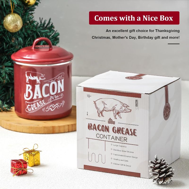 Photo 1 of 38OZ (1.3L) Bacon Grease Saver Container - Enamel & Stainless Steel Oil Keeper Can for Bacon Fat Dripping - Farmhouse Kitchen Gift & Decor Cooking Accessories - Dishwasher Safe, Red