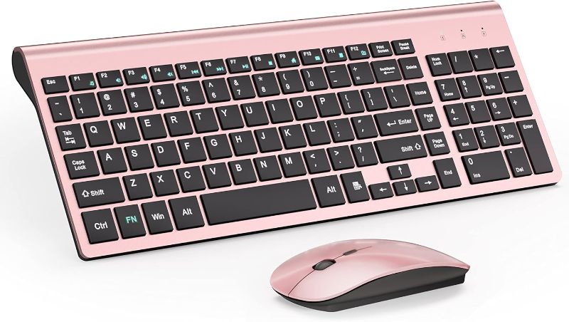 Photo 1 of Wireless Keyboard and Mouse Ultra Slim Combo, TopMate 2.4G Silent Compact USB Mouse and Scissor Switch Keyboard Set with Cover, 2 AA and 2 AAA Batteries, for PC/Laptop/Windows - Rose Gold Black