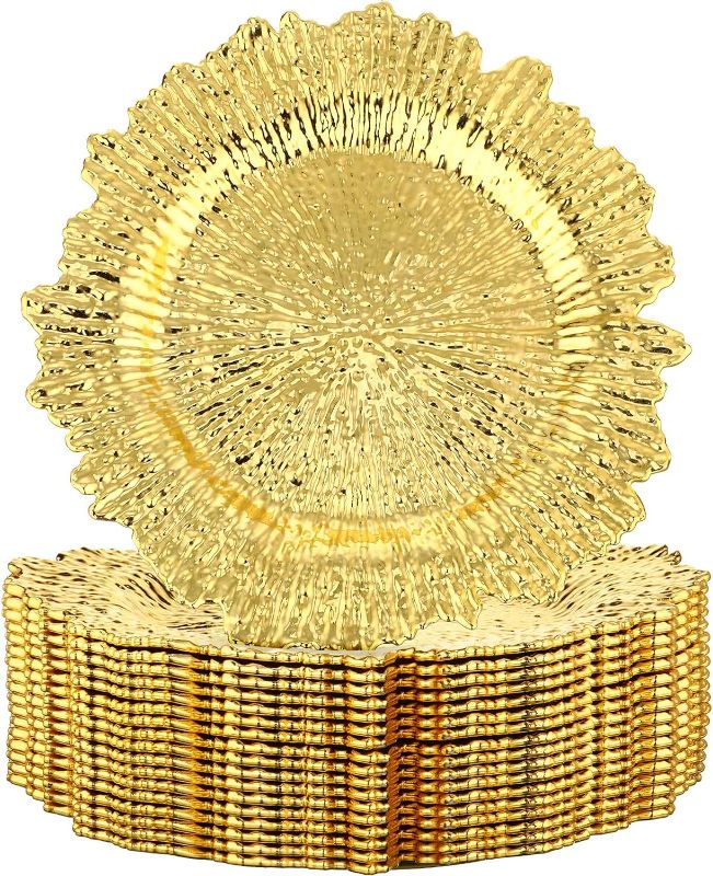 Photo 1 of 24 Pack Reef Charger Plates Plastic Snowflake Charger Plates Wedding Floral Charger Plates Decor for Christmas Dinner Wedding Party Event Supplies, 13 Inch (Gold)