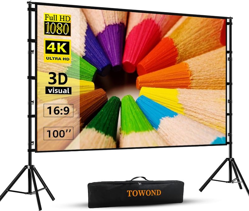 Photo 1 of Projector Screen and Stand, Towond 100 inch Indoor Outdoor Projection Screen, Portable 16:9 4K HD Rear Front Movie Screen Pull Down with Carry Bag Wrinkle-Free Design for Home Theater Backyard Cinema 100'' with stand