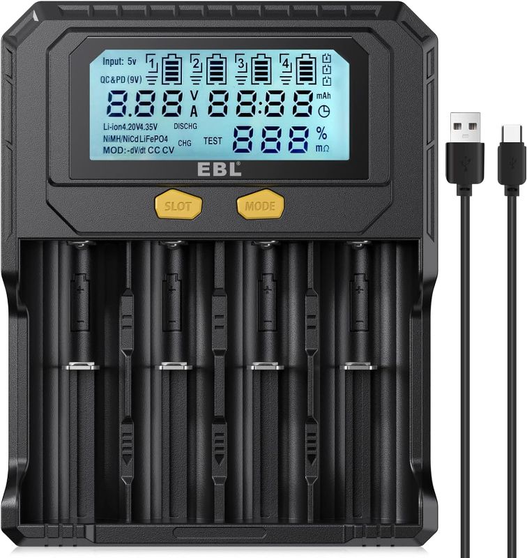 Photo 1 of EBL 18650 Battery Charger with Discharge & Testing Functions, Lithium Battery Charger for 3.6V/3.7V/3.85V Li-ion/IMR/INR/ICR/3.2VLiFePO4, 1.2V Ni-MH/Ni-CD Rechargeable Batteries