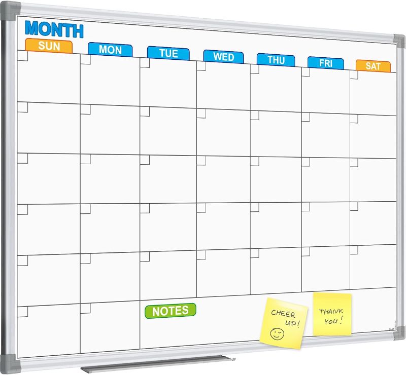 Photo 1 of Monthly Dry Erase Calendar Whiteboard for Wall, 24" x 18" Magnetic White Board Calendar Dry Erase, Wall Hanging Silver Aluminum Frame Calendar Board with Tray for Home, Kitchen, School, Office