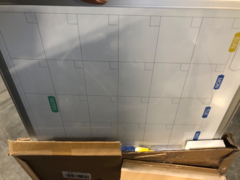 Photo 1 of Monthly Dry Erase Calendar Whiteboard for Wall, 24" x 18" Magnetic White Board Calendar Dry Erase, Wall Hanging Silver Aluminum Frame Calendar Board with Tray for Home, Kitchen, School, Office
