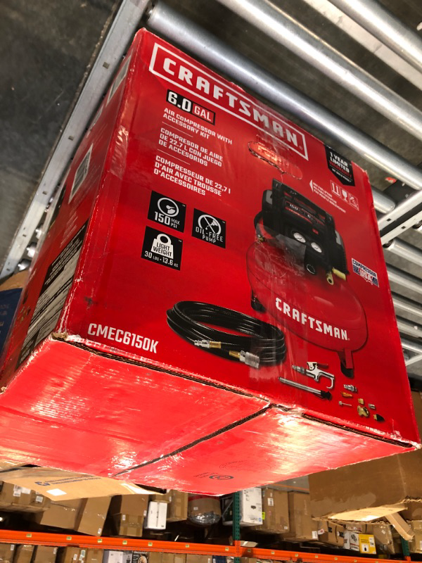 Photo 3 of ***FOR PARTS ONLY***

CRAFTSMAN Air Compressor, 6 Gallon, Pancake, Oil-Free with 13 Piece Accessory Kit (CMEC6150K) & Camco Blow Out Plug With Brass Quick Connect-Aids in Removal of Water From Water Lines (36143) w/ Blow Out Plug