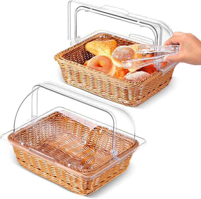 Photo 1 of Ziliny 2 Pack Imitation Rattan Bread Basket with Clear Chafing Dish Cover Wicker Bread Basket for Serving Roll Top Bakery Pan Display Cover for Food Tabletop Restaurant Kitchen (13.78 x 10.63 Inch)