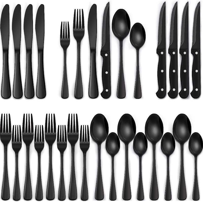 Photo 1 of 24-Piece Black Silverware Set with Steak Knives, Black Flatware Set for 4, Food-Grade Stainless Steel Tableware Cutlery Set, Mirror Finished Utensil Set
