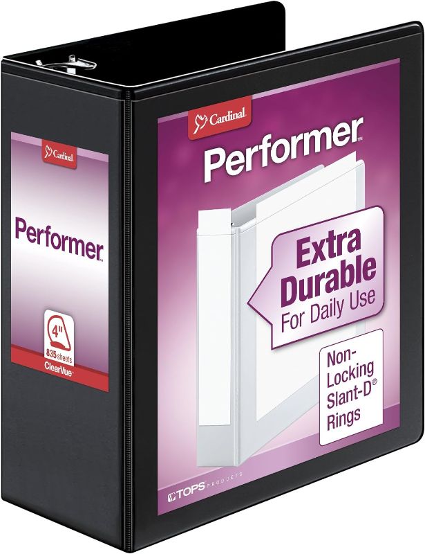 Photo 1 of Cardinal Performer 3-Ring Binder, 4", Non-Locking Slant-D Rings, 835-Sheet Capacity, ClearVue Presentation Binder, Nonstick, PVC-Free, Black (17811CB)