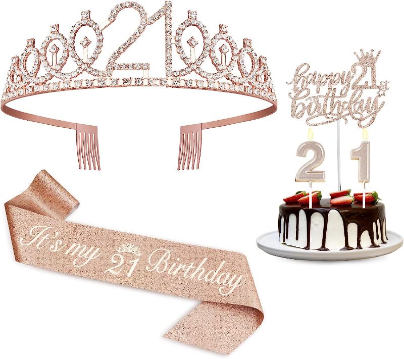 Photo 1 of 21st birthday decorations for her, Including 21st birthday sash, cake topper, crown, candles?21st birthday gifts for her, 21st birthday decorations for women