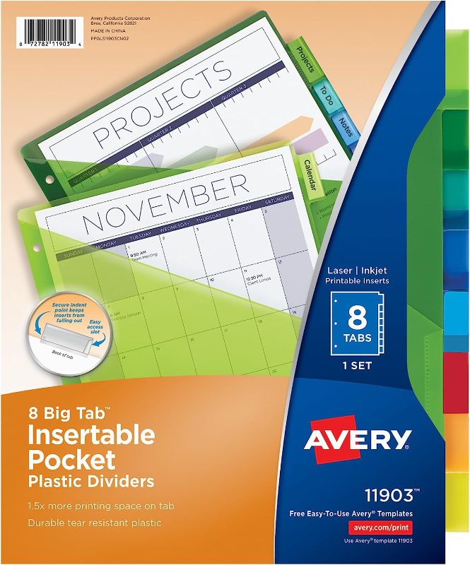 Photo 1 of Avery Dividers for 3 Ring Binders, 8-Tab Binder Dividers, Plastic Binder Dividers with Pockets, Insertable Big Tabs, Multicolor, 1 Set (11903)