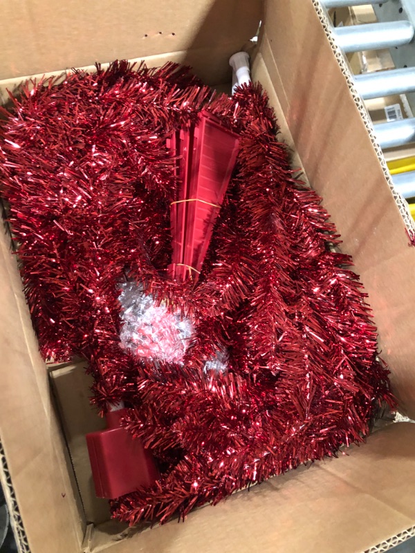 Photo 2 of 4ft Lighted Artificial Red Christmas Tree, Not Pre-lit Red Tinsel Pine Trees with Lights, Ideal for Ideal for Home, Office, and Xmas Party Décor - Includes Stand