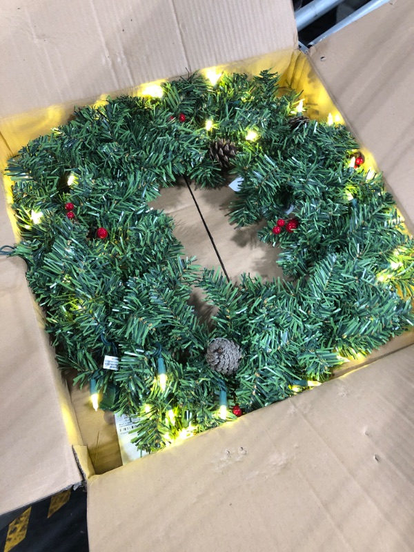 Photo 2 of 24 Inch Lighted Christmas Wreath, Artificial Green Wreath with 50 LED Warm White Lights (Warm White)