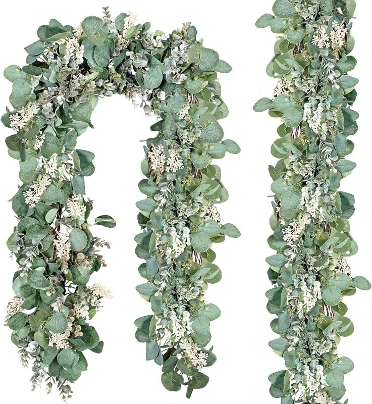 Photo 1 of 2 Pack Eucalyptus Garland Total 13.1 Ft Lush Silver Dollar Eucalyptus Leaves Artificial Greenery Garland Decor Fake Boxwood Ivy Vines for Baby Shower Wedding Party Table Mantle Home Decorations Green 2 Pack