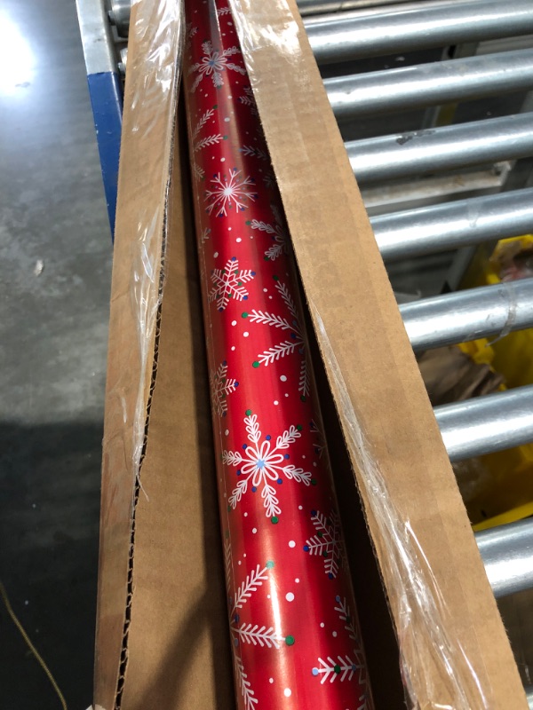 Photo 2 of American Greetings 175 sq. ft. Red Christmas Wrapping Paper, Candy Cane Stripes and Snowflakes (1 Jumbo Roll 30 in. X 70 ft.) Reversible Red and White Design