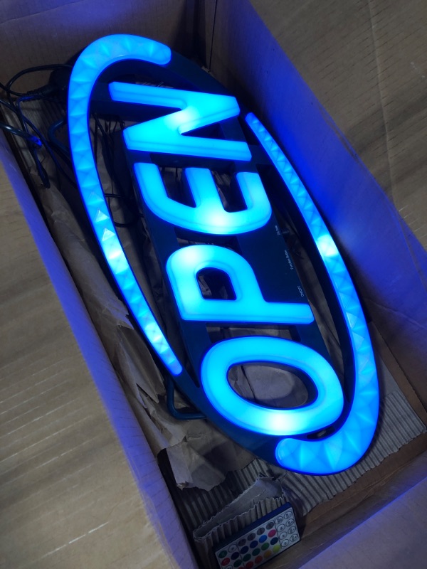 Photo 2 of iKefe 24 x 12 Inch 16 Colors Gradient Running Effect LED Open Lights, LED Neon Light Up Open Sign with Remote Timer, Large Lighted Signage Sign for Business Hours, Shop, Nail, Hair Salon (Black Base) Black Base (16 Colors, Running Effect, Remote)