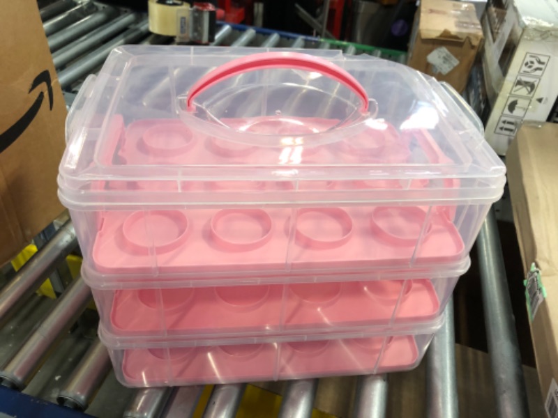 Photo 2 of AAGAZA Clear 3 Tiers Cupcake with Locking Lid, Dessert Container Case Food Transporter with Handle Cupcake Holder for Muffin Cheesecakes, Pink/27