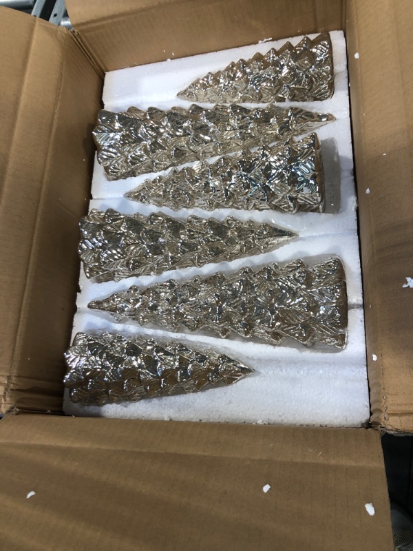 Photo 2 of 6 Pieces Glass Christmas Tree Silver Glass Christmas Decoration Lighted Table Top Christmas Trees with Lights Battery Operated Figurine for Mantel Centerpieces Tabletop (Dreamy)