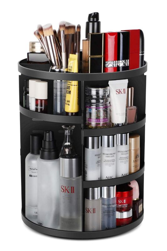 Photo 1 of 360 Rotating Makeup Organizer, Adjustable Bathroom Makeup Spinning Storage Holder, Large Capacity Carousel Cosmetics Display Cases for Vanity, Skincare, Countertop Organization, Black