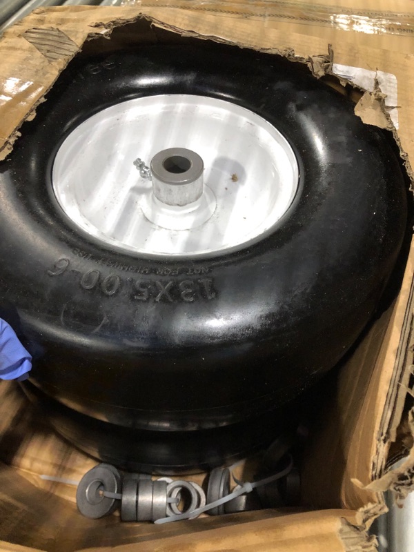 Photo 3 of 2 PCS Upgrade 13x5.00-6" Flat Free Lawn Mower Smooth Tire, Commercial Grade Lawn and Garden Mower Turf Replacement Solid Tire and Wheel with Steel Rim, 3/4" Grease Bushing and 3.25"-5.9" Centered Hub