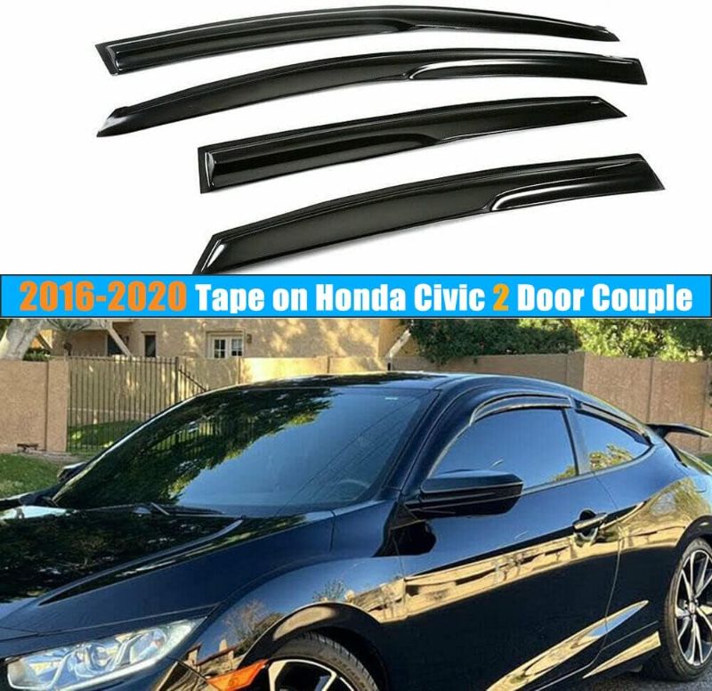 Photo 1 of Outside Mount Tape-on Window Visors Compatible with 2016-2020 Honda Civic Coupe 2 Door 10th Gen Ventvisor Side Window Deflector Rain Guard Smoke Tinted, 4 Pieces Set