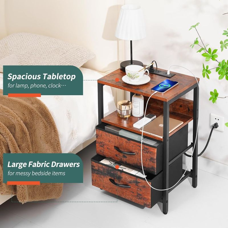 Photo 1 of Yoobure Nightstand with Charging Station, LED Night Stand with Fabric Drawers and Storage Shelf for Bedroom, Nightstands Bedside Tables with USB Ports & Outlets, Small Night Stands, Bed Side Table