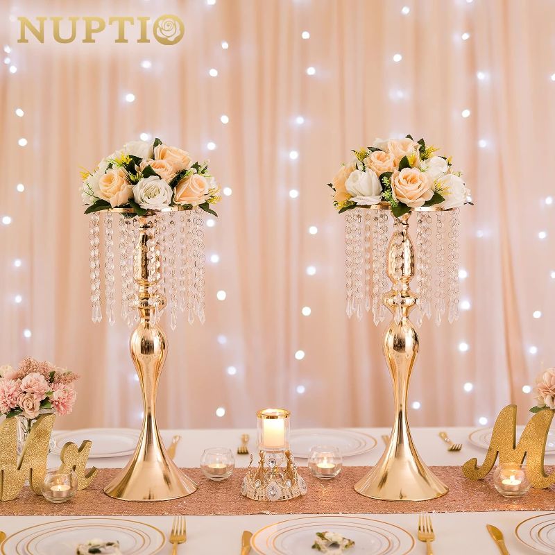 Photo 1 of 4 Pcs 21.3 inches Tall Crystal Flower Stand Wedding Road Lead Tall Flower Holders Centerpiece Crystal Flower Chandelier Metal Flower Vase for Reception Tables Wedding Supplies