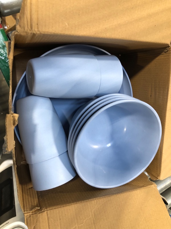 Photo 2 of 12pcs Plastic Wheat Straw Dinnerware Sets Service for 4, Cups, Plates and Bowls Sets Microwave Dishwasher Safe Lightweight Blue