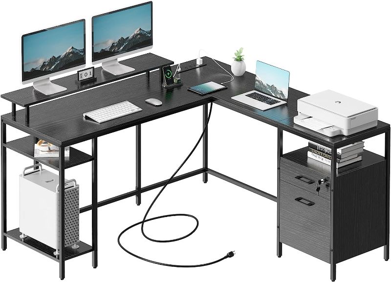 Photo 4 of SUPERJARE Reversible Computer Desk with Power Outlets & File Cabinet, L Shaped Desk with Monitor Stand & Storage Shelves, Corner Desk Home Office Desk, Black
