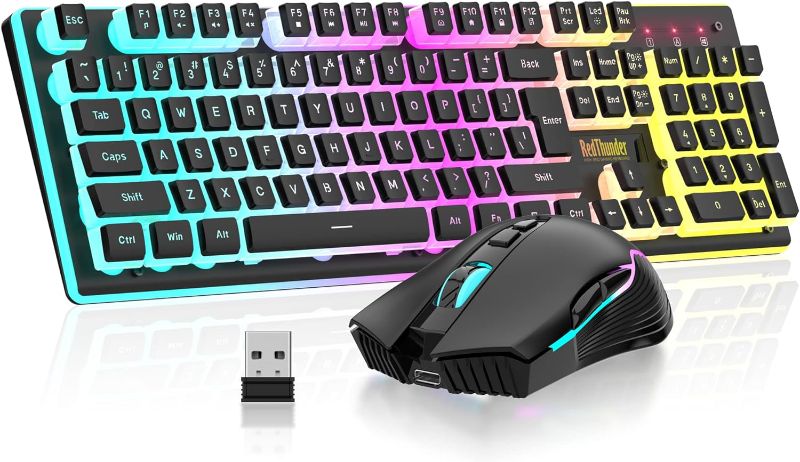 Photo 1 of RedThunder K10 Wireless Gaming Keyboard and Mouse Combo, RGB Backlit Rechargeable 3800mAh Battery, Mechanical Feel Anti-ghosting Keyboard with Pudding Keycaps + 7D 3200DPI Mice for PC Gamer (Black)