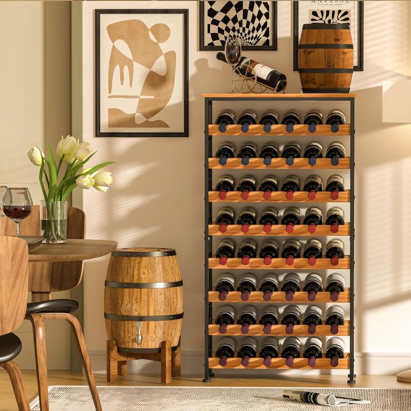 Photo 1 of 48 Bottles Floor Wine Rack with Wood Top, Freestanding Wine Bottle Organizer Shelf, Wobble-Free 8 Tier Wine Display Storage Stand for Kitchen Pantry, 25.2''L x 10.7''W x 47.2''H