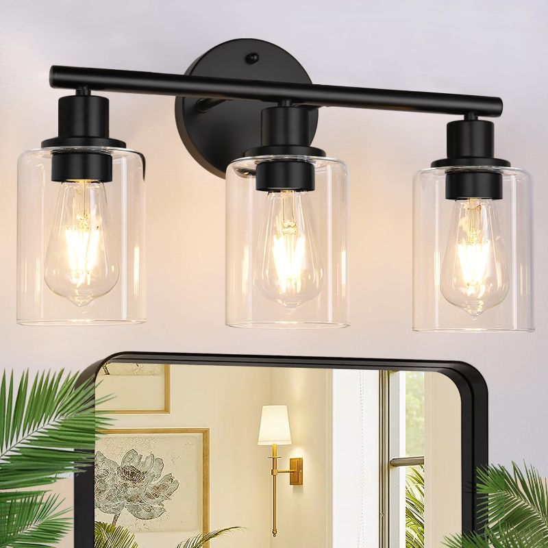 Photo 1 of 3-Light Bathroom Light Fixtures, Black Modern Vanity Lights with Clear Glass Shade, Bathroom Wall Lamp for Mirror Kitchen Living Room Hallway Cabinet Porch
