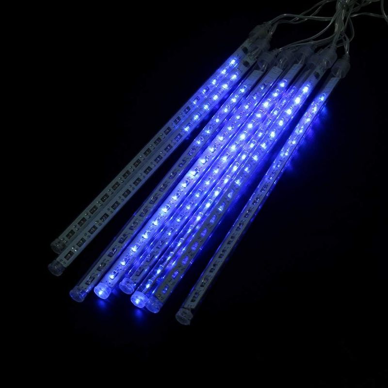 Photo 1 of CHICIRIS LED Meteor Shower Lights Falling Rain Lights, Christmas Lights Outdoor 8 Tube Snow Falling Icicle Cascading Lights for Xmas Tree Halloween(US- Blue) 