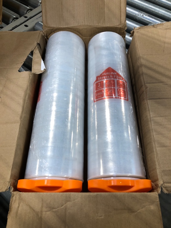 Photo 2 of JARLINK 2 Pack Shrink Wrap Roll 500% Stretch, 15'' Stretch Wrap 1000ft, Clear Plastic Wrap with Handles for Pallet Wrapping, Moving, Packing, and Shipping, 60 Gauge Industrial Strength