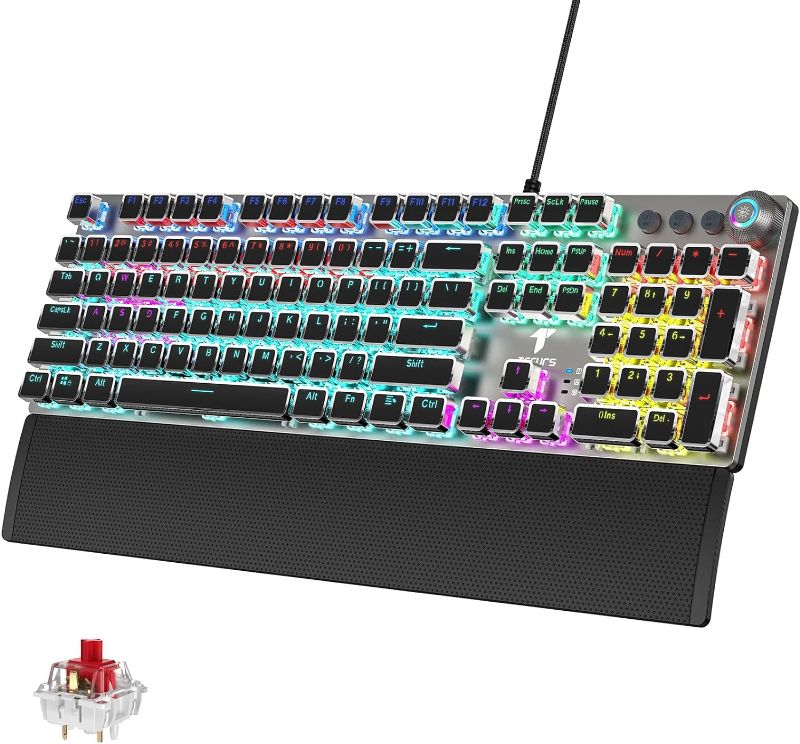 Photo 1 of TECURS Gaming Keyboard Mechanical Keyboard with Magnetic Wrist Rest, Backlit PC Typewriter Keyboard LED, 104 Keys, Red Switch, Media Control Knob - Compatible with Windows/Mac/PC