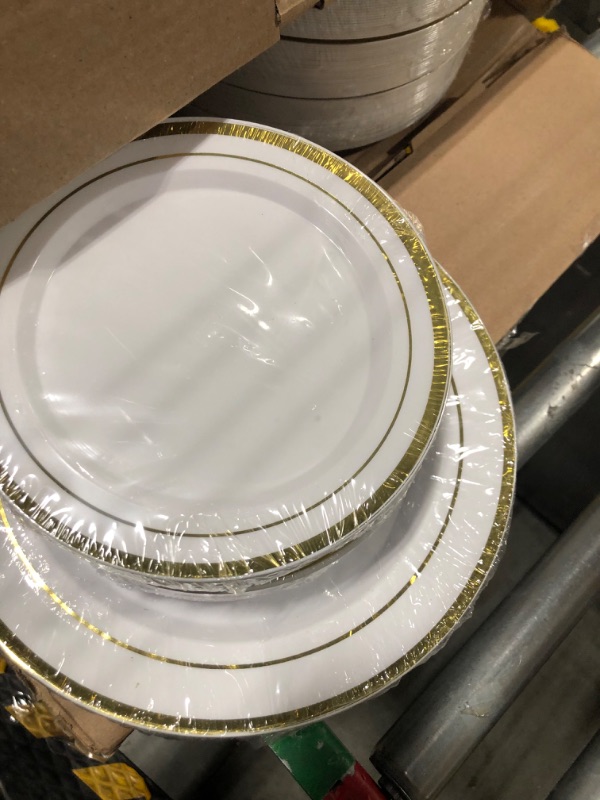 Photo 3 of 600 Piece Wedding Party Plates Disposable Dinnerware Set 100 Guests -By Zulzzy -100 Gold Plastic Plates, 100 Gold Salad Plates, 100 Gold Plastic Silverware Set, 100 Gold Plastic Cups